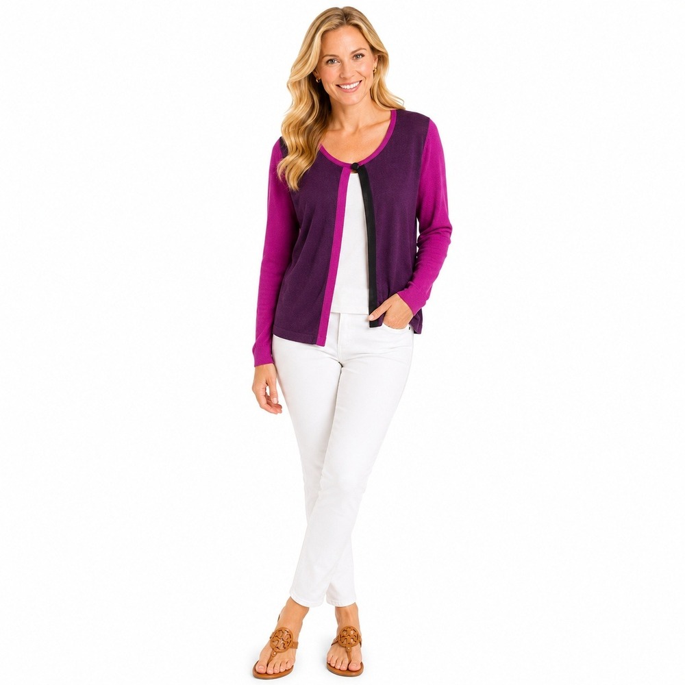 Boden Cardigan Women 8 Purple Pink Colorblock Single Button V-Neck Knit Sweater